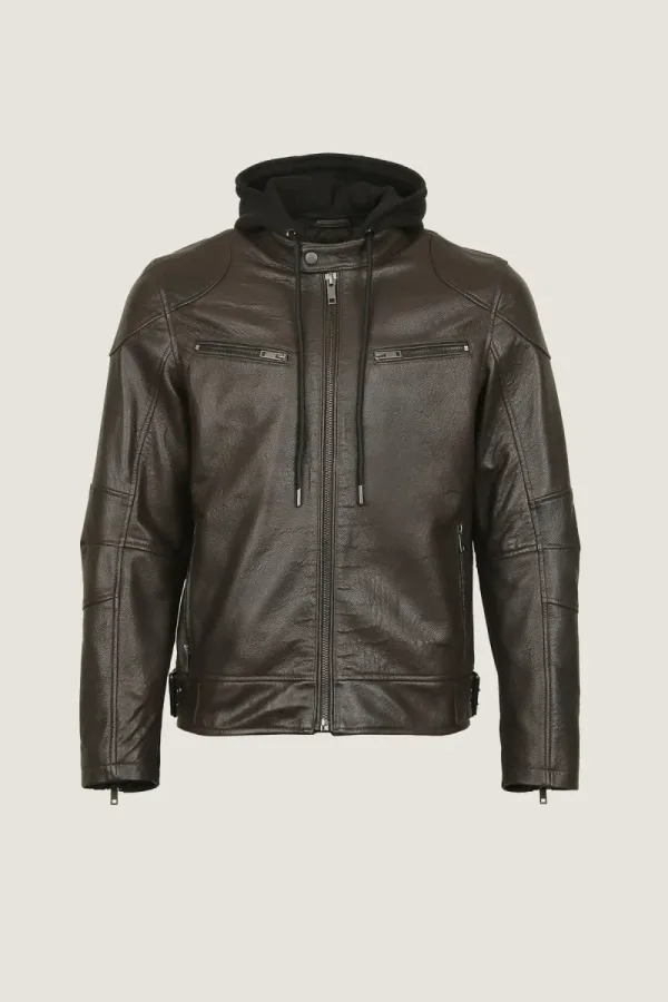 Brixton Hooded Leather Jacket – Chocolate Brown – view 1