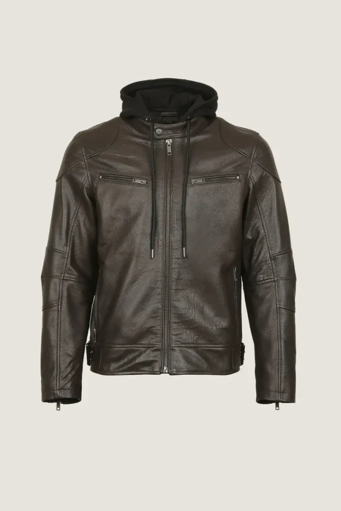 Brixton Hooded Leather Jacket – Chocolate Brown – view 1