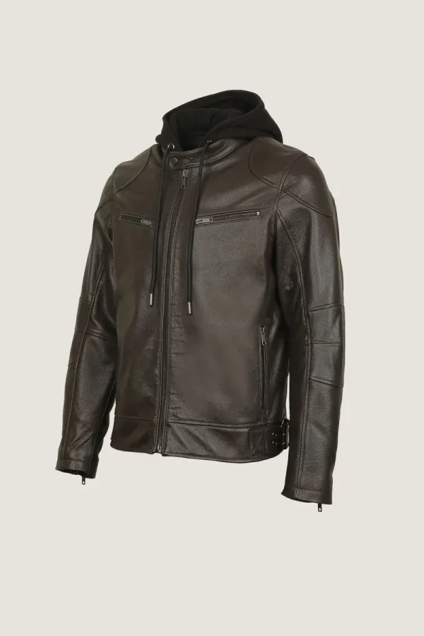Brixton Hooded Leather Jacket – Chocolate Brown – view 2