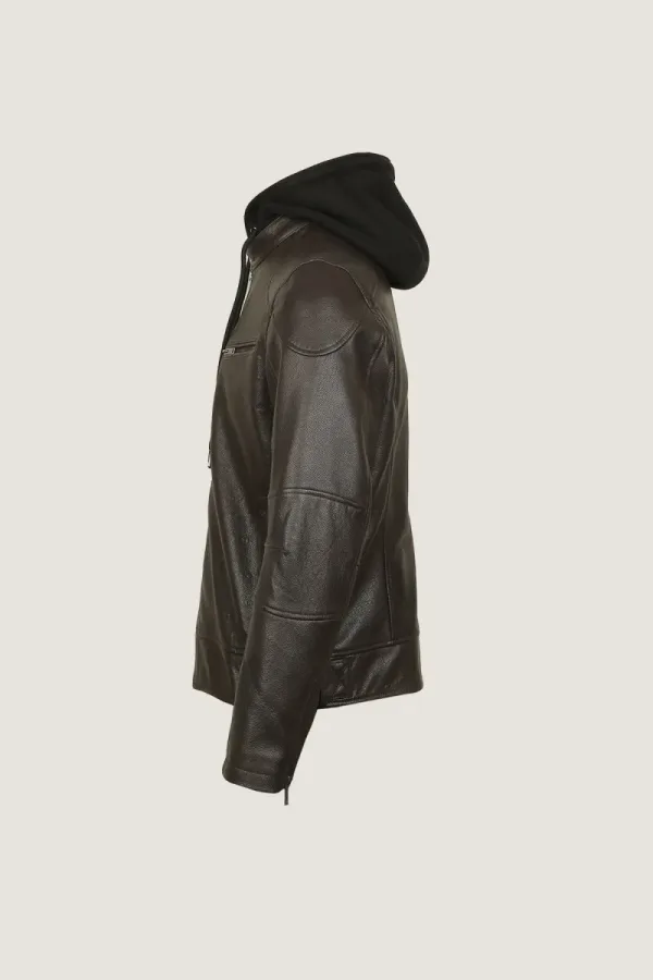 Brixton Hooded Leather Jacket – Chocolate Brown – view 3