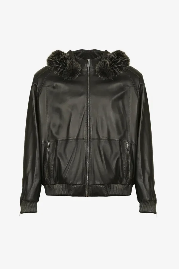 Covent Real Fur-Collar Bomber Jacket – Black – view 1