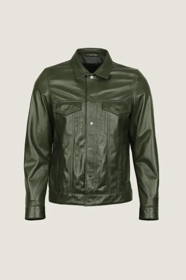 Hackney Leather Trucker Jacket – Olive – view 1