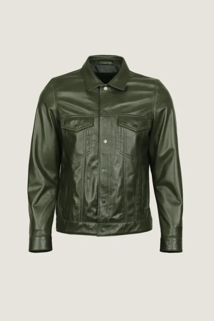 Hackney Leather Trucker Jacket – Olive – view 1