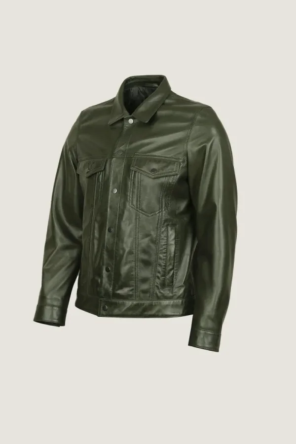 Hackney Leather Trucker Jacket – Olive – view 2