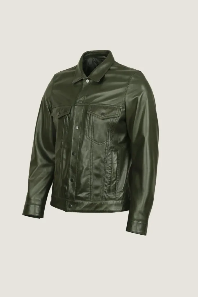 Hackney Leather Trucker Jacket – Olive – view 2