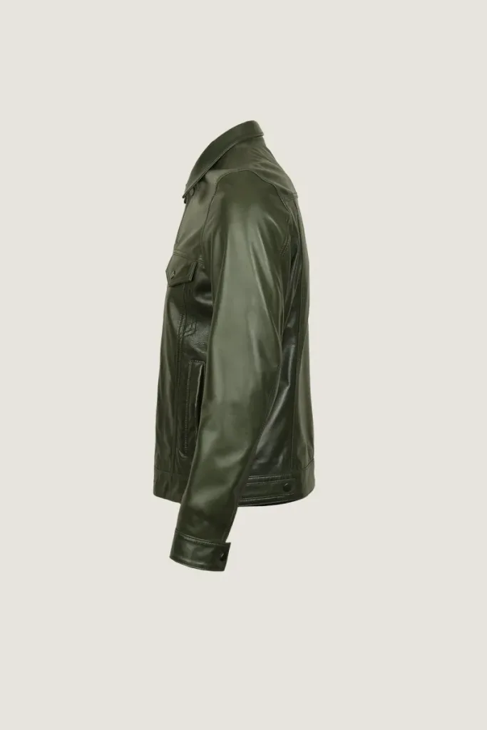 Hackney Leather Trucker Jacket – Olive – view 3