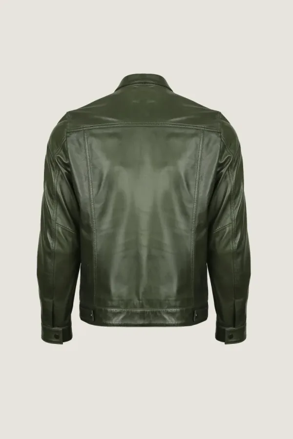 Hackney Leather Trucker Jacket – Olive – view 4
