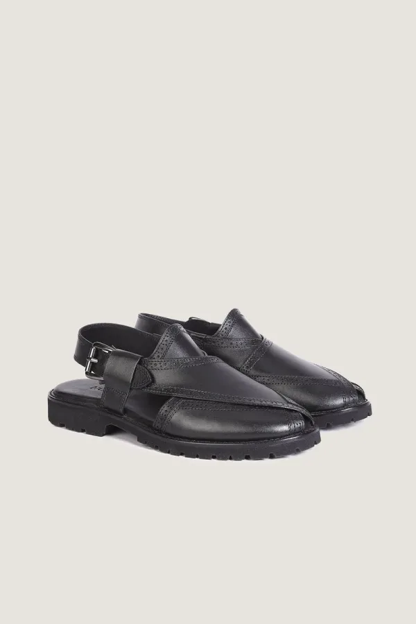 Cavendish Brogue Peshawari Chappals – Black – view 3