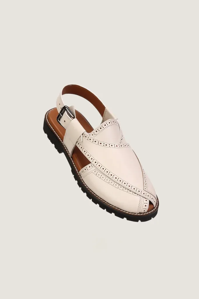 Cavendish Brogue Peshawari Chappals – Off White – view 1