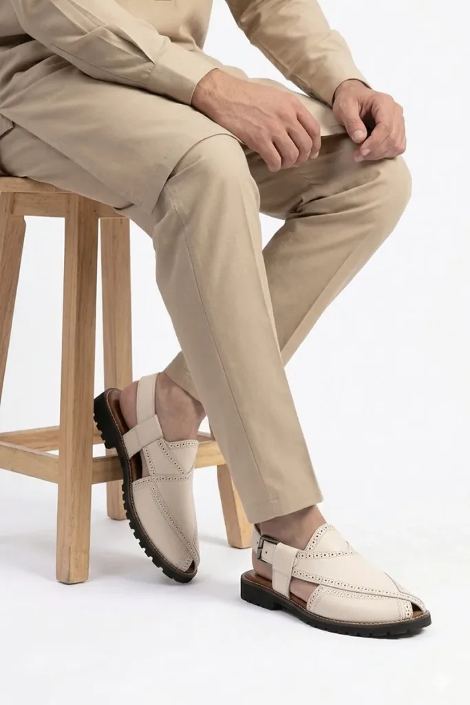 Cavendish Brogue Peshawari Chappals – Off White – view 2