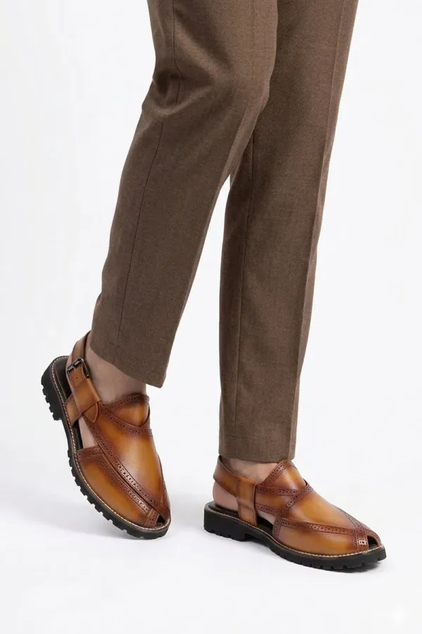 Cavendish Brogue Peshawari Chappals – Tan – view 2
