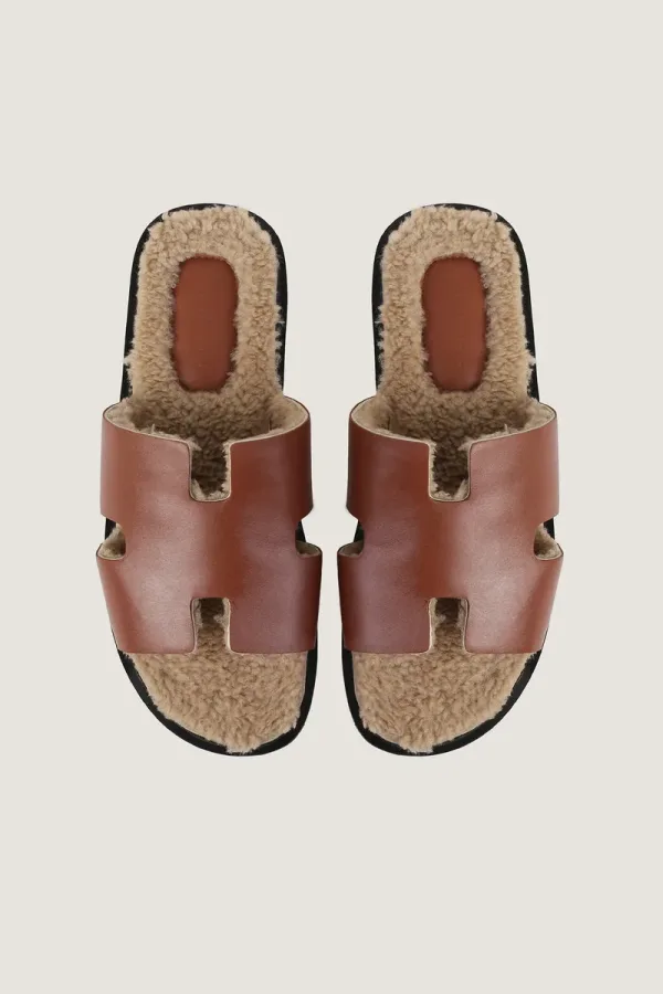 Mount Plush-Lined Leather Slides – Tan and Beige – view 4