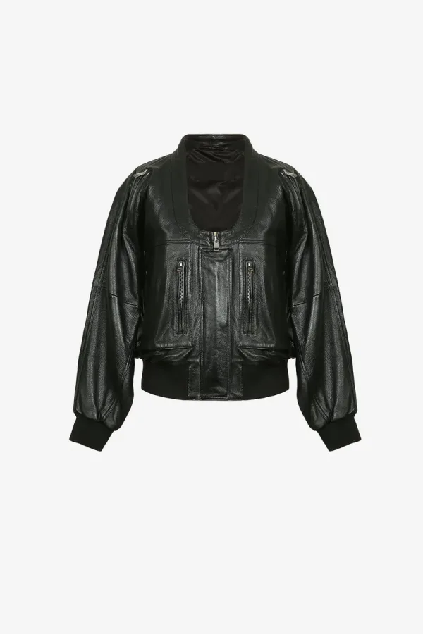 Canonbury Ribbed Leather Bomber Jacket – Black – view 1