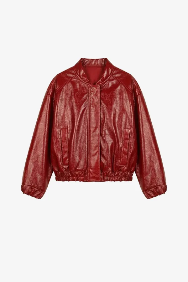 Holloway Ribbed Leather Bomber Jacket – Red – view 1