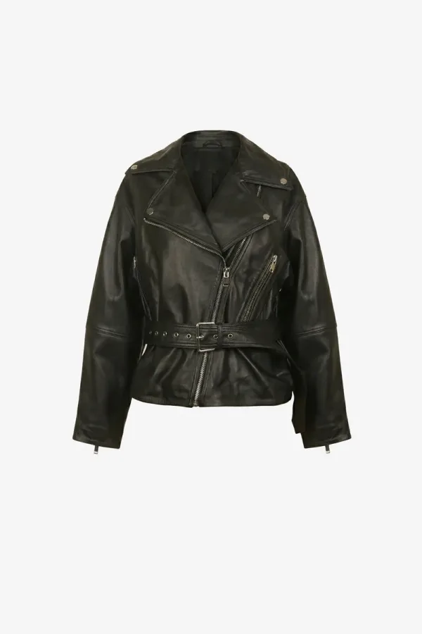 Kingston Belted Leather Biker Jacket – Black – view 1