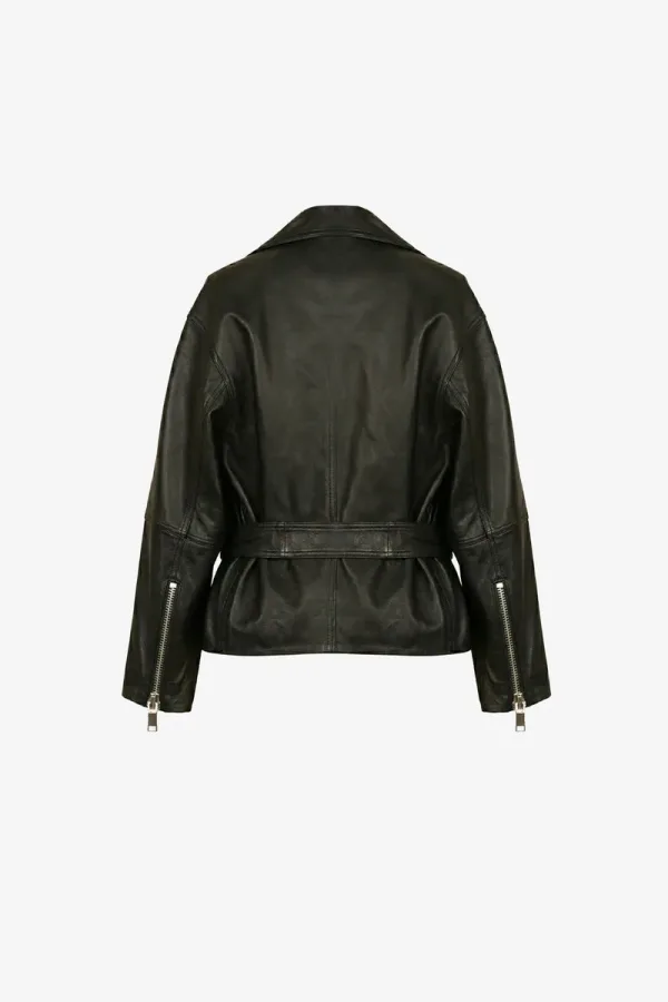Kingston Belted Leather Biker Jacket – Black – view 2