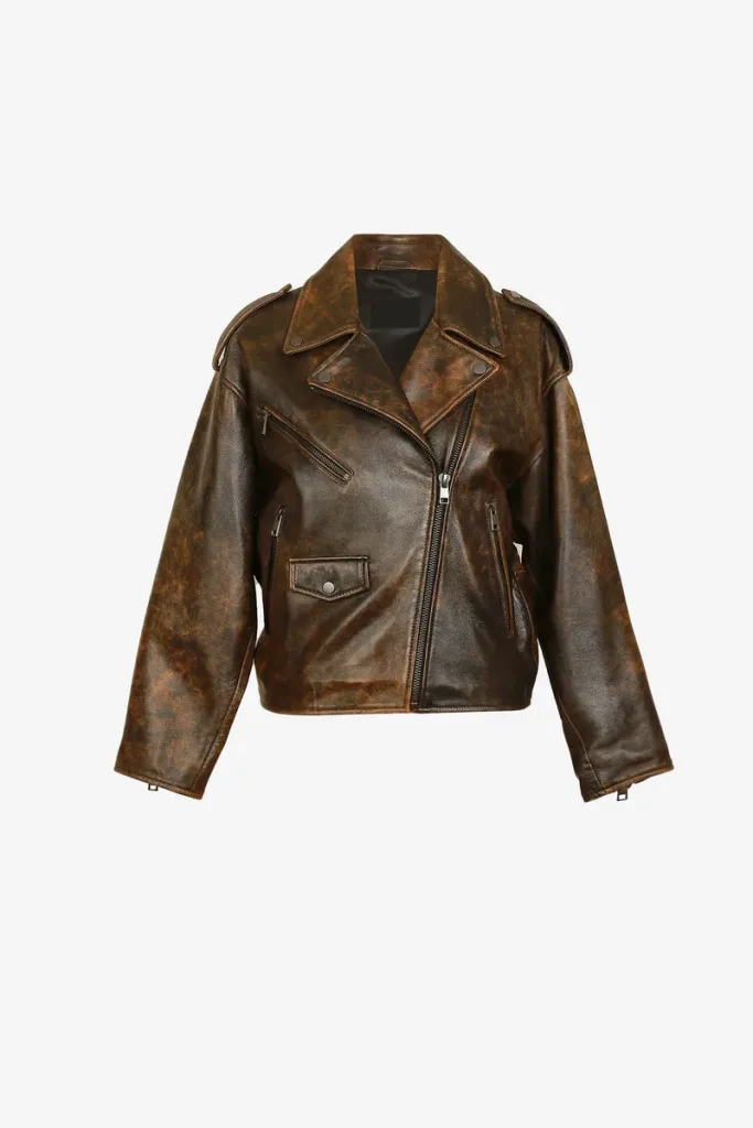 Maida Vale Distressed Leather Biker Jacket – Distressed Brown – view 1