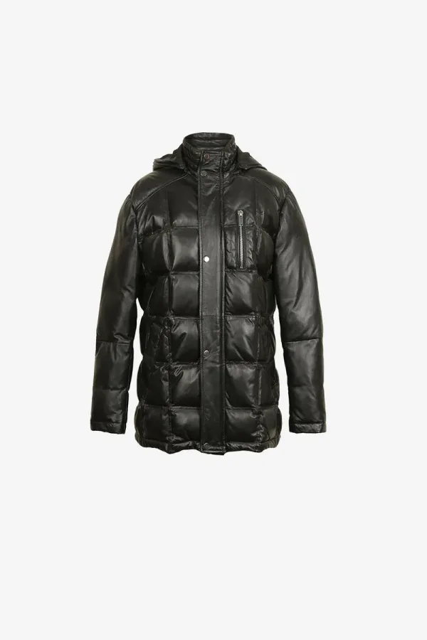 Marble Arch Hooded Leather Puffer Jacket – Black – view 1