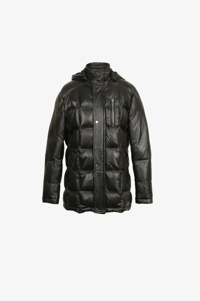 Marble Arch Hooded Leather Puffer Jacket – Black – view 1