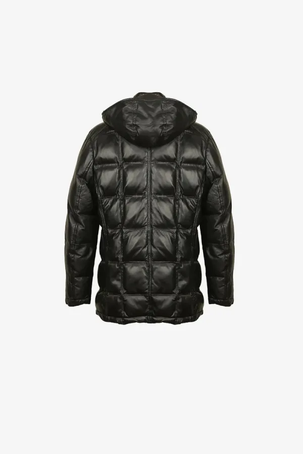 Marble Arch Hooded Leather Puffer Jacket – Black – view 2
