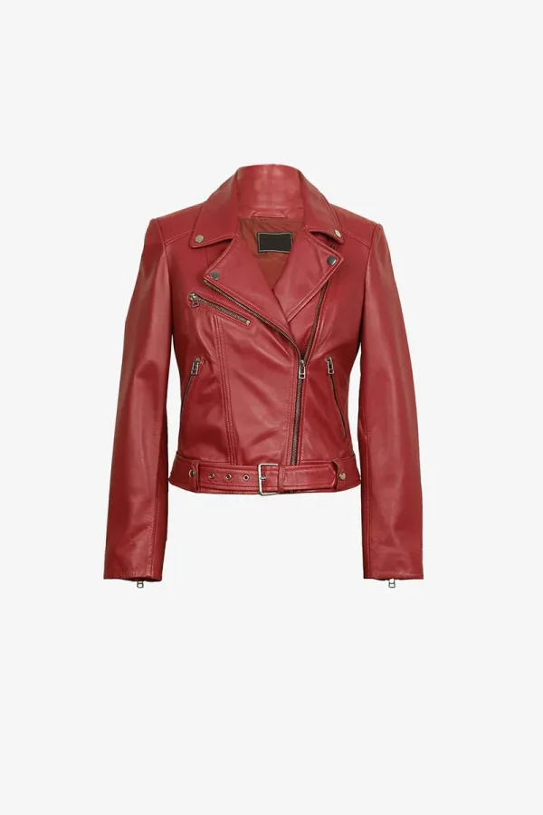 Muswell Hill Belted Leather Biker Jacket – Red – view 1