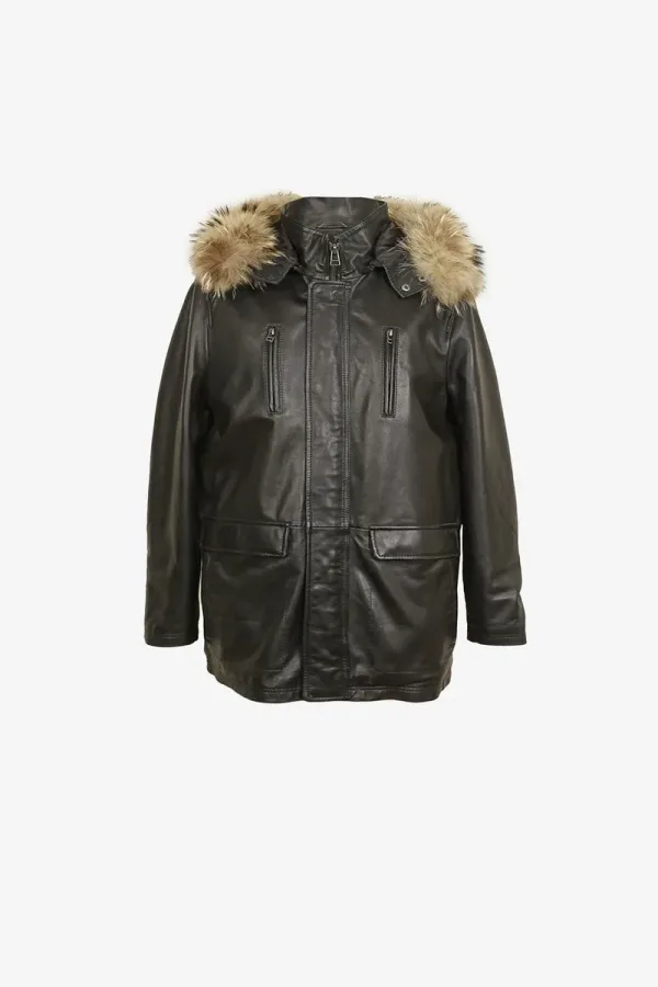 Parsons Green Fur-Hood Leather Parka – Black – view 1