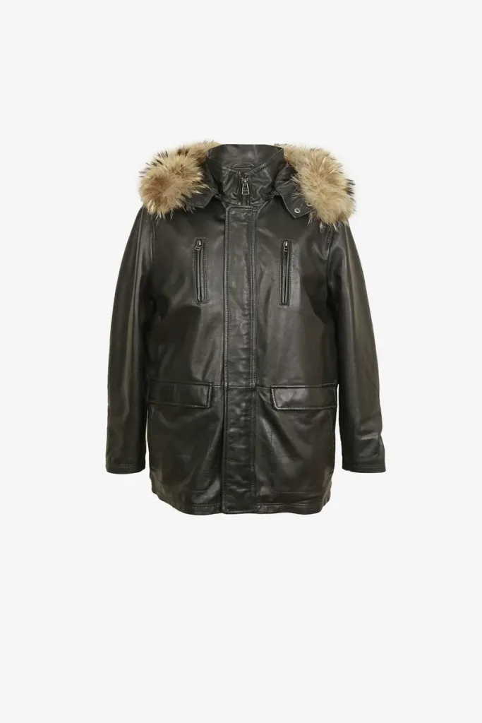 Parsons Green Fur-Hood Leather Parka – Black – view 1