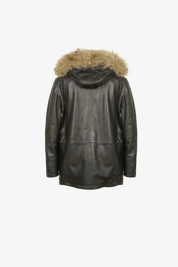 Parsons Green Fur-Hood Leather Parka – Black – view 2