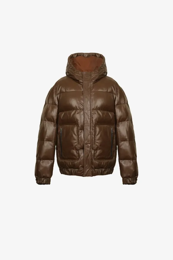 Queen's Park Hooded Leather Puffer Jacket – Mocha – view 1