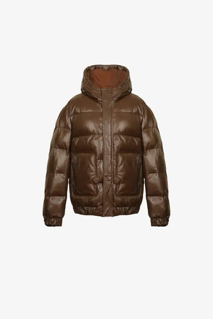 Queen's Park Hooded Leather Puffer Jacket – Mocha – view 1