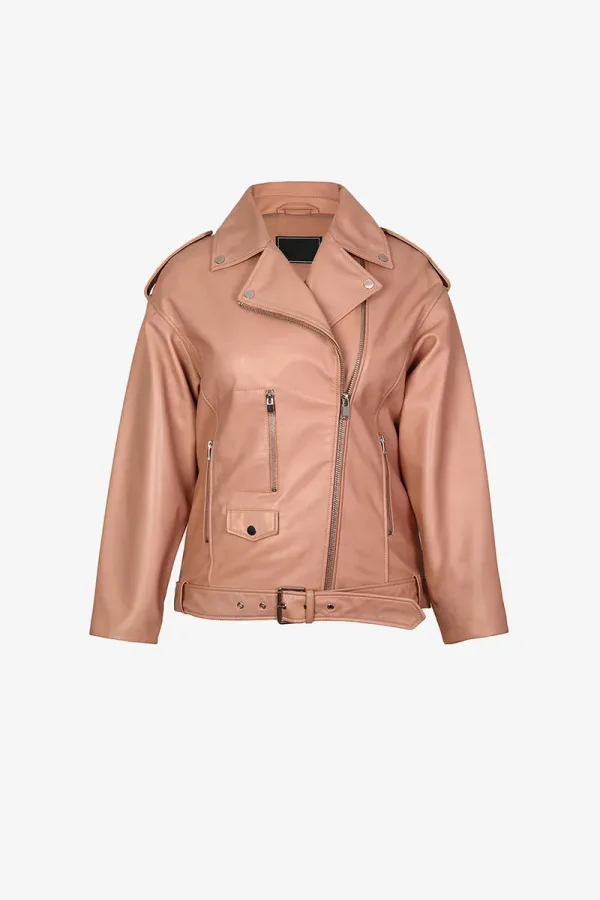 Twickenham Leather Biker Jacket – Blush Pink – view 1