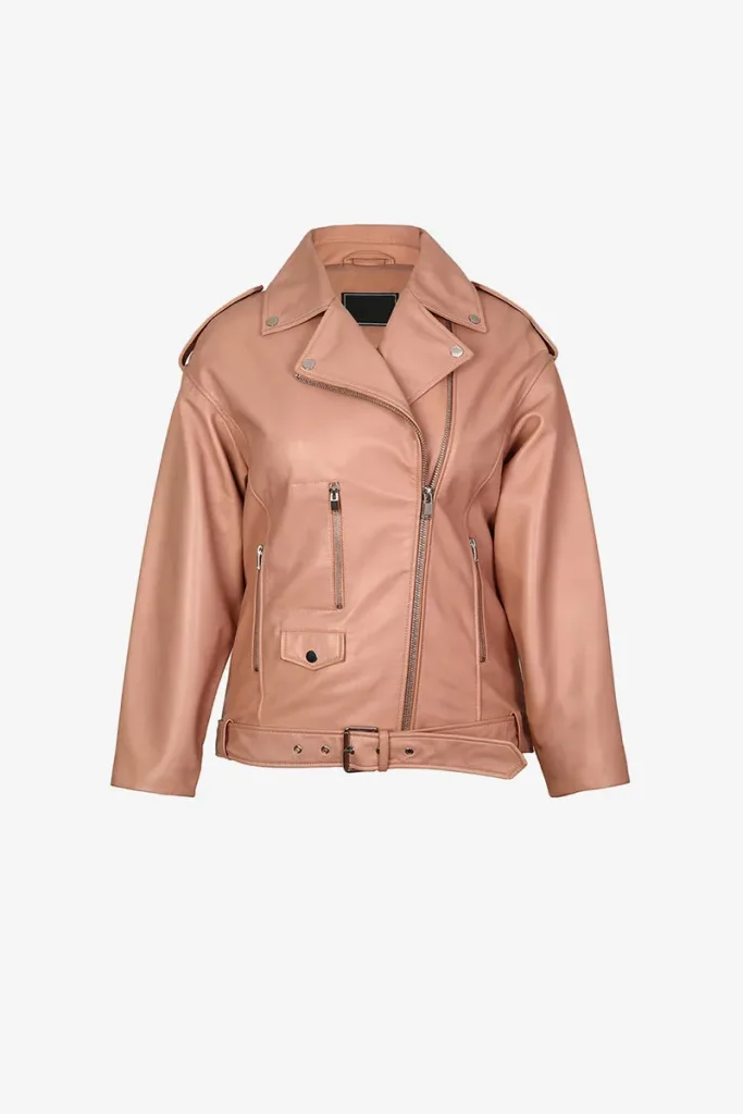 Twickenham Leather Biker Jacket – Blush Pink – view 1