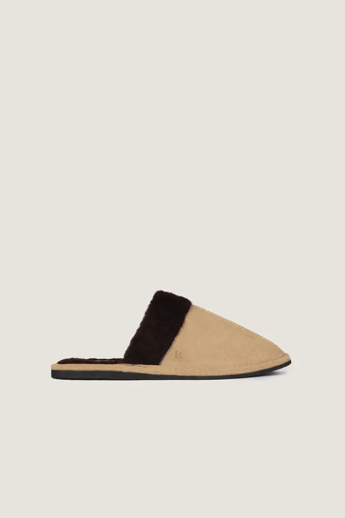 Belgrave Square Plush-Lined Leather Mule Slippers – Chocolate and Beige – view 1