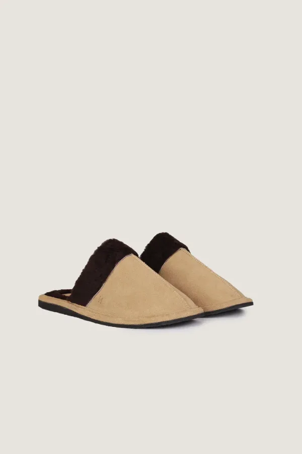 Belgrave Square Plush-Lined Leather Mule Slippers – Chocolate and Beige – view 2