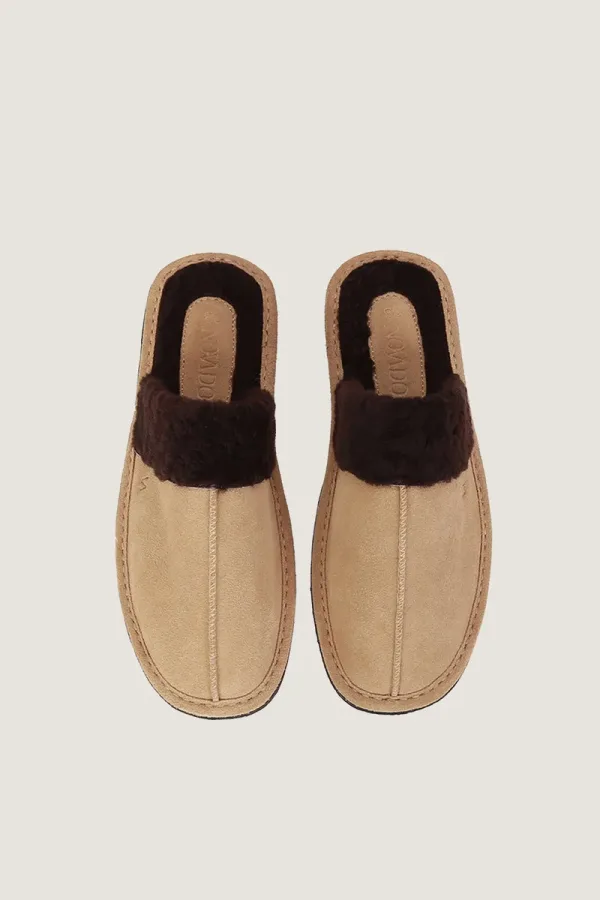 Belgrave Square Plush-Lined Leather Mule Slippers – Chocolate and Beige – view 3