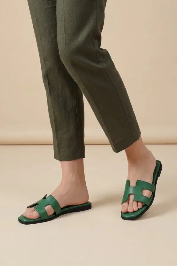 Leicester Square H-Strap Leather Slides – Green – view 1