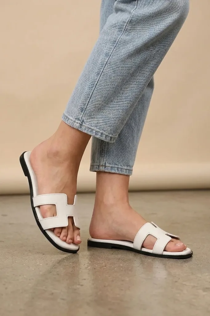 Leicester Square H-Strap Leather Slides – White – view 1